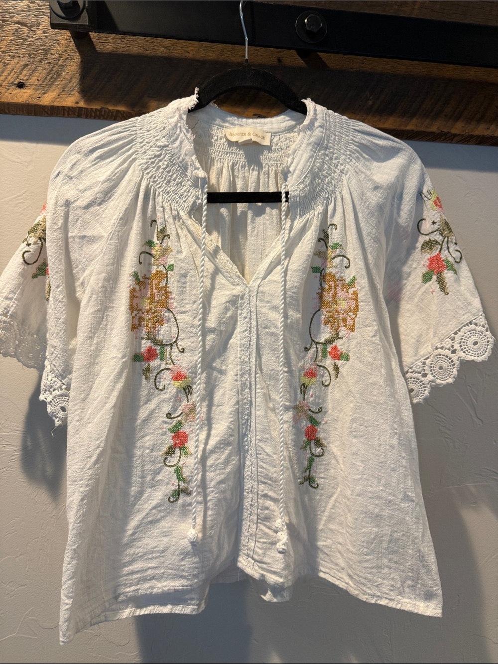 White Embroidered Peasant Blouse with Floral Detail